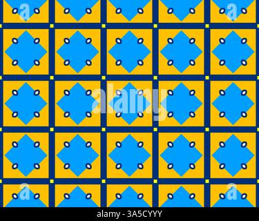 A geometric pattern featuring blue diamond shapes with circular cutouts on a yellow background, arranged in a grid layout. Stock Photo