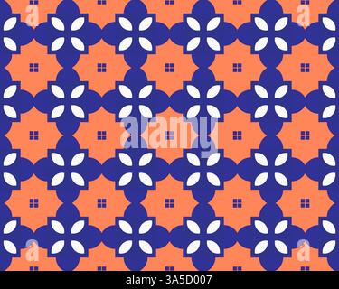 A seamless geometric pattern with blue and orange colors, featuring white floral shapes and small square details. Stock Photo