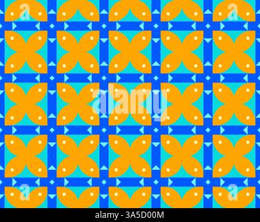 A vibrant geometric pattern featuring orange floral shapes on a blue and light blue checkered background. Stock Photo
