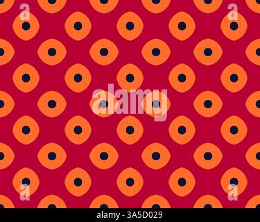 Seamless pattern with orange eye-like shapes on a red background. Stock Photo