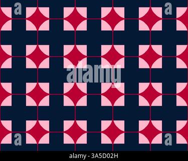 A vibrant geometric pattern featuring alternating red squares and blue floral motifs on a dark blue background. Stock Photo
