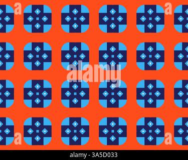 A vibrant geometric pattern featuring alternating red squares and blue floral motifs on a dark blue background. Stock Photo