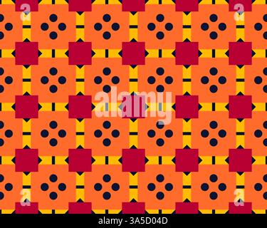 A seamless geometric pattern with orange and red squares, featuring black dots and yellow lines. The design is repetitive and symmetrical, creating a Stock Photo
