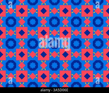 Geometric shapes in bold colors create an engaging seamless pattern suitable for various design projects. Stock Photo