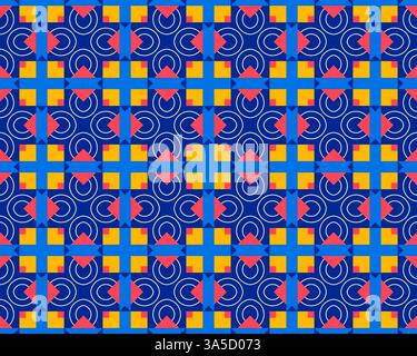 A seamless geometric pattern with blue rounded squares on a teal background, featuring white petal-like shapes inside each square. Stock Photo