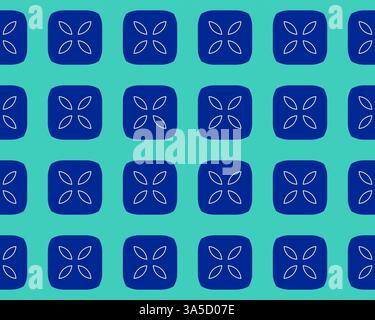 A seamless geometric pattern with blue rounded squares on a teal background, featuring white petal-like shapes inside each square. Stock Photo