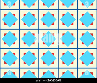 This seamless pattern showcases vibrant blue diamonds and red squares arranged evenly, creating a dynamic visual effect. Stock Photo