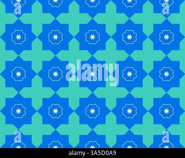 This design showcases an intricate seamless pattern of blue and green colors, featuring floral elements and geometric crosses. Stock Photo