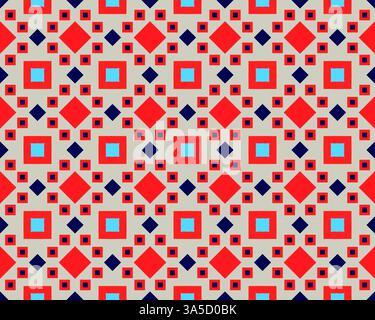 This seamless pattern features a vibrant arrangement of squares and diamonds in red, blue, and light blue against a neutral background. Stock Photo