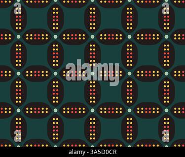 This design showcases an intricate seamless pattern of ovals decorated with bright dots against a deep background, creating a striking visual effect. Stock Photo