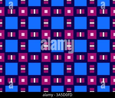 This design features a vibrant seamless pattern of squares and rectangles in shades of pink, blue, and purple, creating a dynamic look. Stock Photo