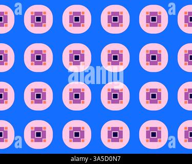 Colorful geometric circles on a bright blue background create a vibrant seamless pattern, perfect for versatile designs. Stock Photo