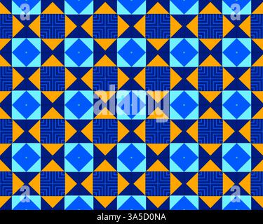 Bold pattern with alternating blue and orange triangles and squares, creating a striking design for diverse applications. Stock Photo
