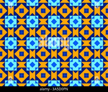 This vibrant pattern features blue and orange geometric shapes against a dark backdrop, creating strong visual appeal. Stock Photo