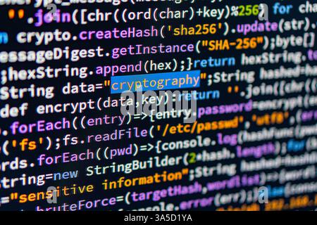 A close-up image of color-coded computer code, with the word hash highlighted The code suggests a focus on cryptography or data integrity checks, with Stock Photo