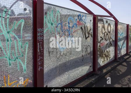 Laminated safety glass, VSG, with glass cracks and letters smeared on it, Zwickau, Saxony, Germany, Europe Stock Photo