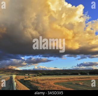 Cloud covers over the rural field. A huge rain cloud lit orange sunset Stock Photo