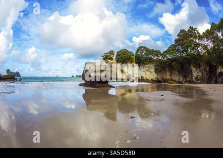 Cathedral Cave on the North Island of New Zealand. Coromandel Peninsula. Bizarre clouds and coastal cliffs reflected in the tidal waters of the Pacifi Stock Photo