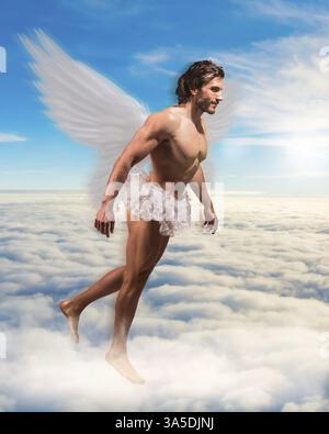 Full body side view of male angel in white tutu with wings flying over clouds against blue sky on sunny day Stock Photo