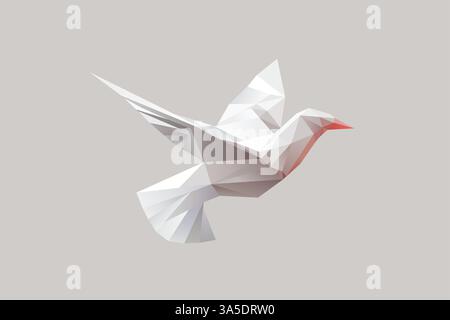 A simple and minimalistic abstract low poly origami dove flying with clean lines in white color on a grey background. concept of peace or freedom. Stock Vector