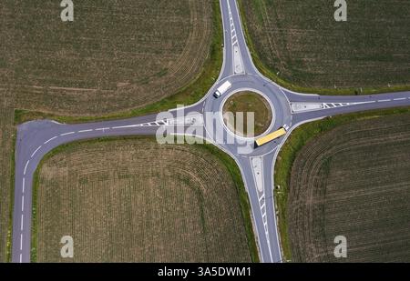 Drone image, roundabout with lorries between harvested fields, Asten ...