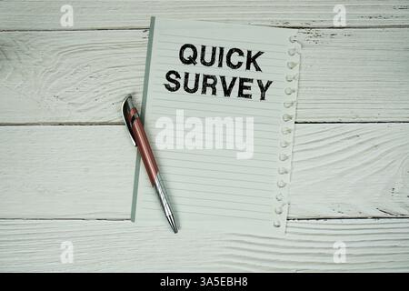 Quick Survey text written on paper with pen and magnifying glass flat lay on wooden background Stock Photo