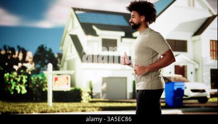 African American athlete sprints along city street in workout gear. Stock Photo