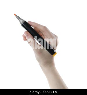 Woman with double sided marker on white background, closeup Stock Photo