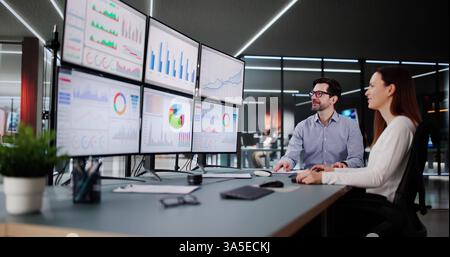 Business Analyst Man and Woman Using KPI Data Dashboard Stock Photo