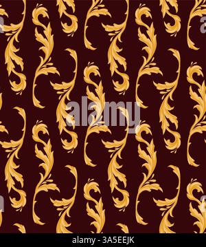 Vector gold vintage curls pattern. Rococo ornament. Golden floral baroque texture on red background. Flourish background for wallpaper and fabric Stock Vector