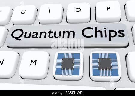 3D illustration of two microchips on a computer keyboard, along with the script Quantum Chips on a gray button. Stock Photo