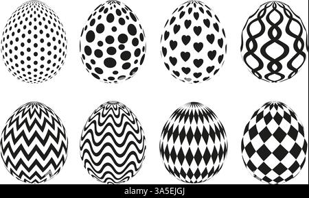 Set of black and white Easter eggs with abstract and geometric patterns on a white background. Concept of festive decoration and modern minimalism Stock Vector