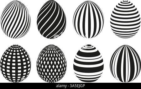 Set of Easter eggs with black and white optical illusion patterns on a white background. Decorative abstract design for holiday and celebration themes Stock Vector