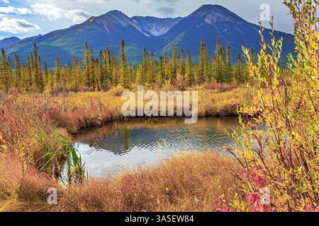 The smooth water of Lake Vermillon reflects the clouds. Canada. Indian summer in the Rocky Mountains. Yellow autumn grass on the shores of mountain la Stock Photo