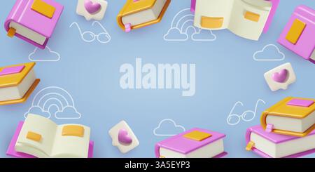 3d books reading background with flying children books hearts rainbows and clouds Stock Vector