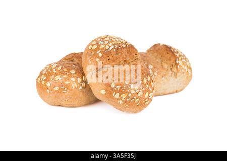 Crispy bread rolls with oat isolated on white background. Fresh crispy bread rolls. Three bread rolls on white. Stock Photo