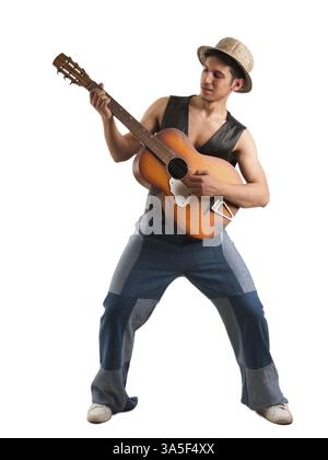 Young attractive man with acoustic guitar, playing in isolated studio shot on white background Stock Photo