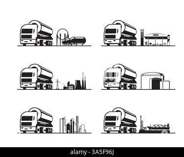 Tanker truck in different industries – vector illustration Stock Vector