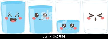 Various full, half and empty drinking glasses of water with different expressions vector illustration. Perspective of lifestyle concept Stock Vector