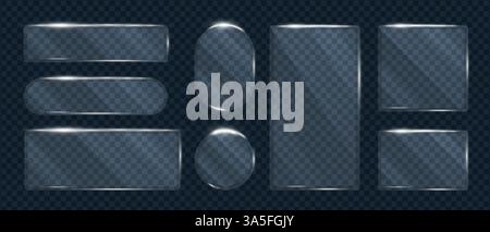 Glass transparent geometric shape frames shining glare set, Glass overlay texture square and oval panels, Plastic samples glass mirror, Vector Stock Vector