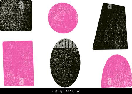 Ink rolled geometric shapes with noise set. Text boxes grainy textured frames pack. Oval, circle and square figures. Vector hand drawn quotation stick Stock Vector
