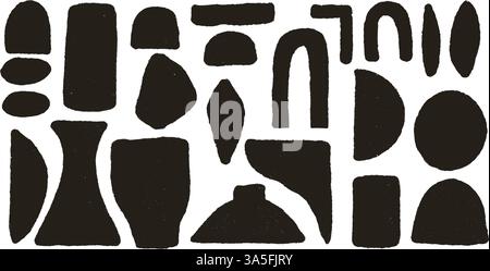 Geometric shapes silhouette rough set. Circle, ellipse, rectangle text boxes. Abstract japandi vase decor. Vector geometry graffiti spray shapes. Hand Stock Vector