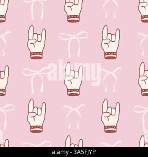 Coquette seamless pattern. Girly punk rock and roll marker endless background. Bow and horns repeat cover. Crayon continuous ornament. Surface pattern Stock Vector