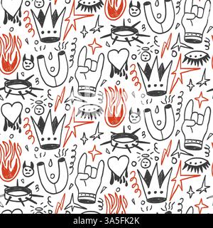 Girly punk rock crayon seamless pattern. Graffiti doodle marker endless background. Naive hors, fire, crown repeat cover. Crayon continuous black and Stock Vector