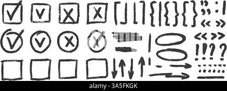Check marks, arrow doodle set. Charcoal underlines, quotation marks, brackets and signs. Scribble sketch pencil emphasis note highlights. Vector hand Stock Vector