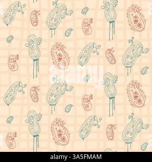 Modern farmhouse graffiti paisley seamless pattern. Painted indian ornament endless background. Sustainable fashion repeat cover. Trendy continuous pa Stock Vector