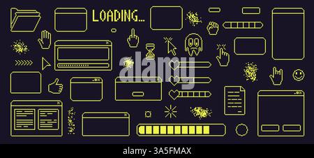 Pixel art retro windows interface. 8 bit text boxes with loading, cursors, arrow. Green stroke console folder. Digital game document in retro 80s styl Stock Vector