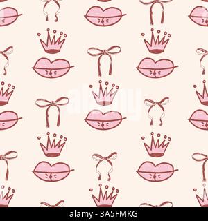 Coquette seamless pattern. Girly marker endless background. Bow, crown and lips repeat cover. Crayon continuous ornament. Surface pattern design ribbo Stock Vector