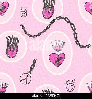 Broken heart with crown seamless pattern. Coquette urban marker flame, chain endless background. Crayon oval scallop border continuous ornament. Surfa Stock Vector