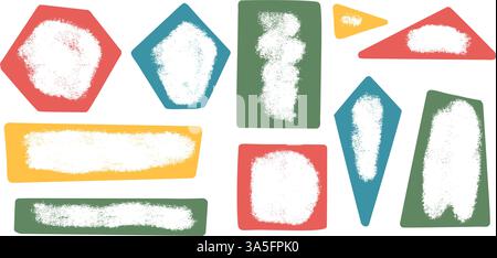 Kids grunge geometric shapes with empty space set. Text boxes paint spray textured frames. Rounded and square figures. Vector hand drawn quotation sti Stock Vector